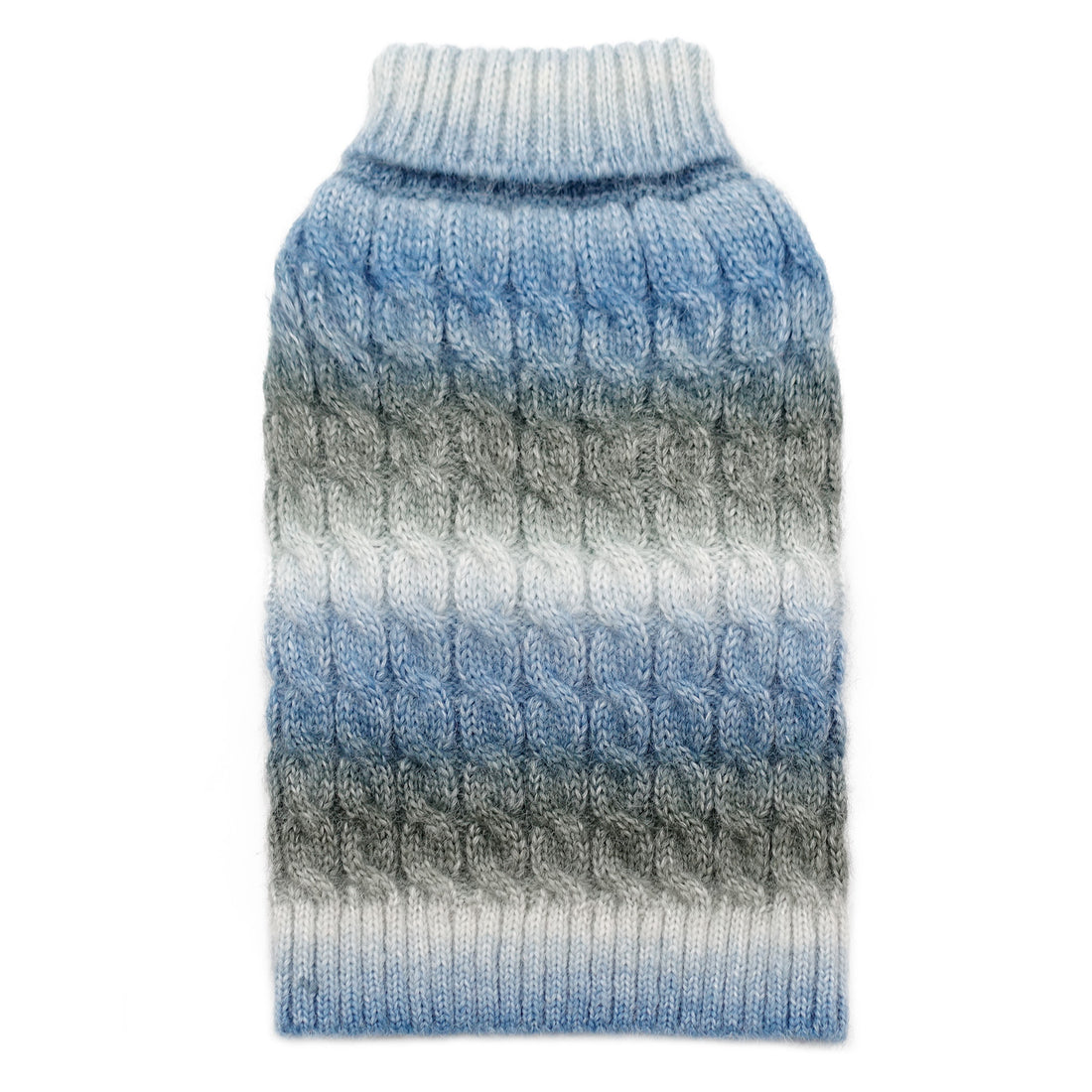 Blue and grey ribbed cable-knit dog sweater with turtleneck, back view