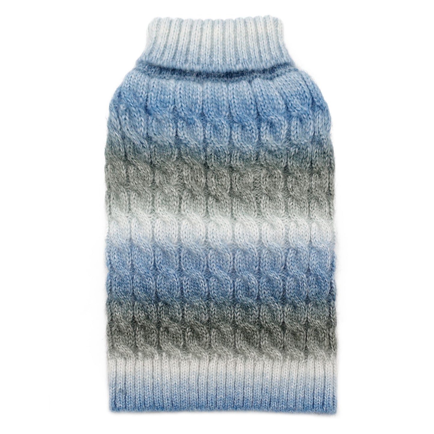Blue and grey ribbed cable-knit dog sweater with turtleneck, back view
