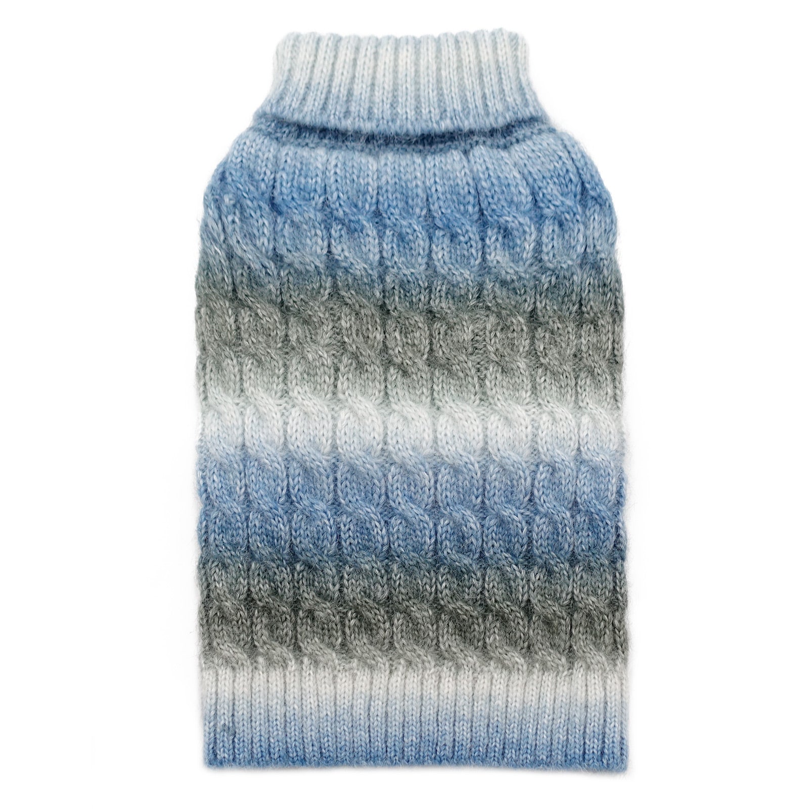 Blue and grey ribbed cable-knit dog sweater with turtleneck, back view