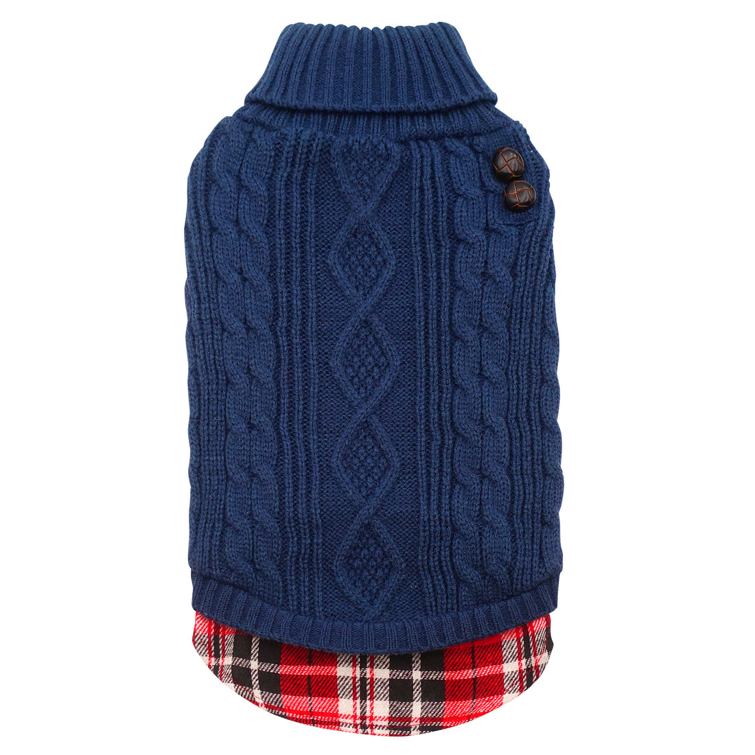 Navy blue cable knit dog sweater with high turtleneck and button closure