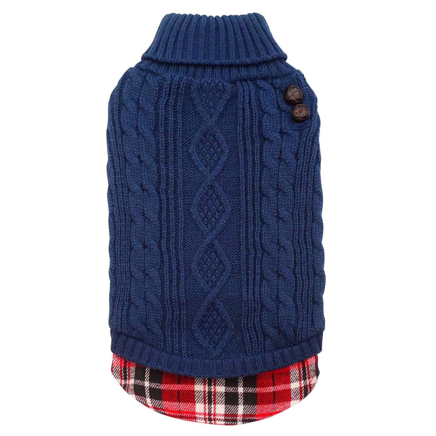 Navy blue cable knit dog sweater with high turtleneck and button closure