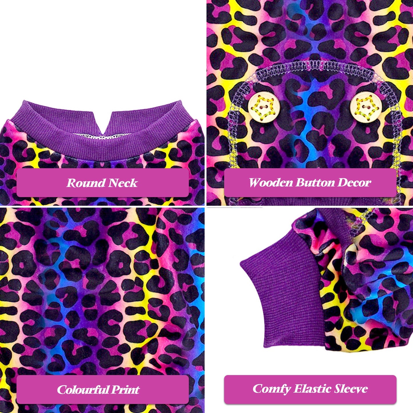 Dog onesie pajamas with purple leopard print, round neck, and decorative wooden buttons.