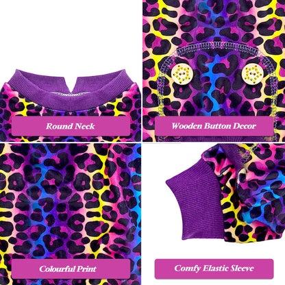 Dog onesie pajamas with purple leopard print, round neck, and decorative wooden buttons.