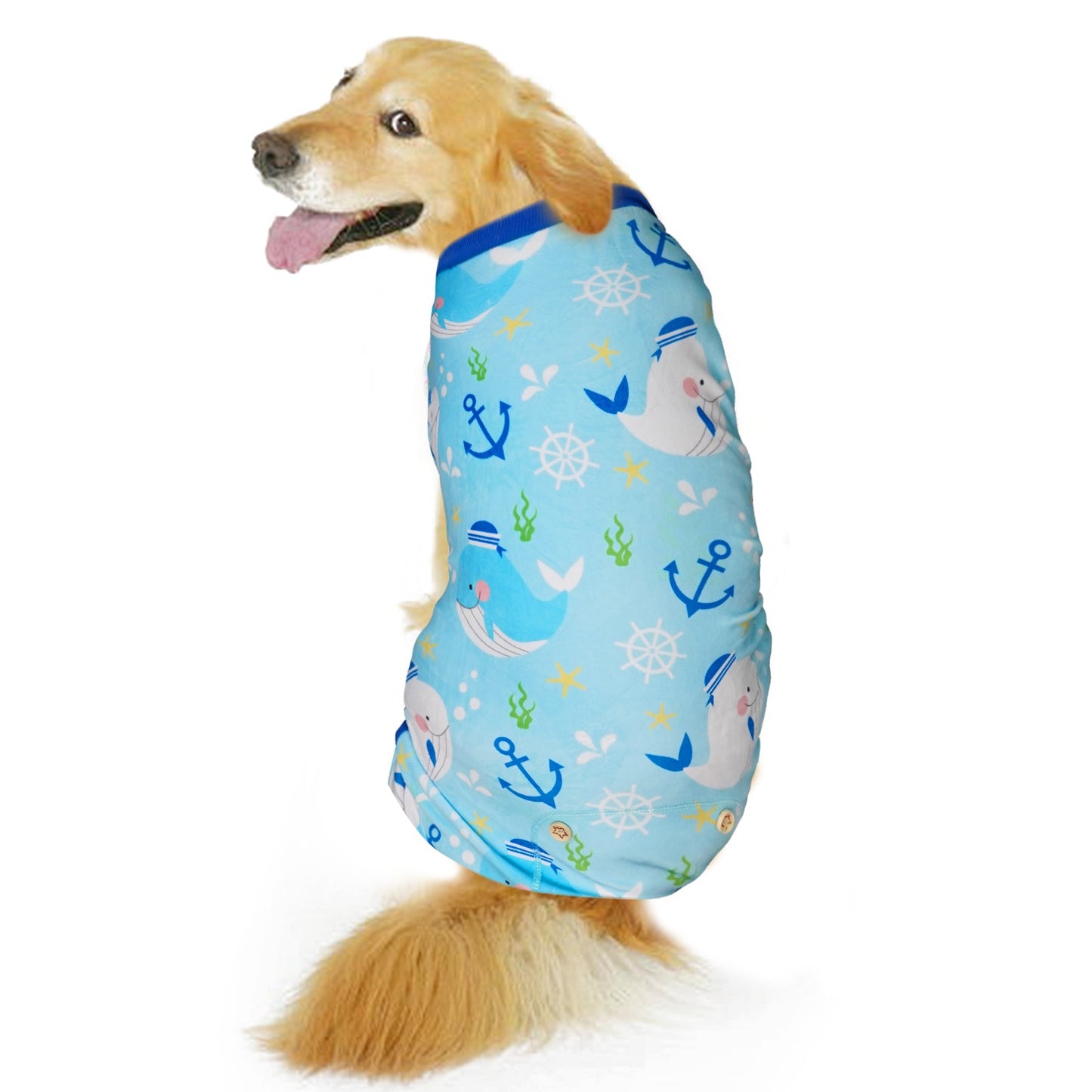 Light blue ocean-print dog onesie pajamas with ribbed blue sleeves.
