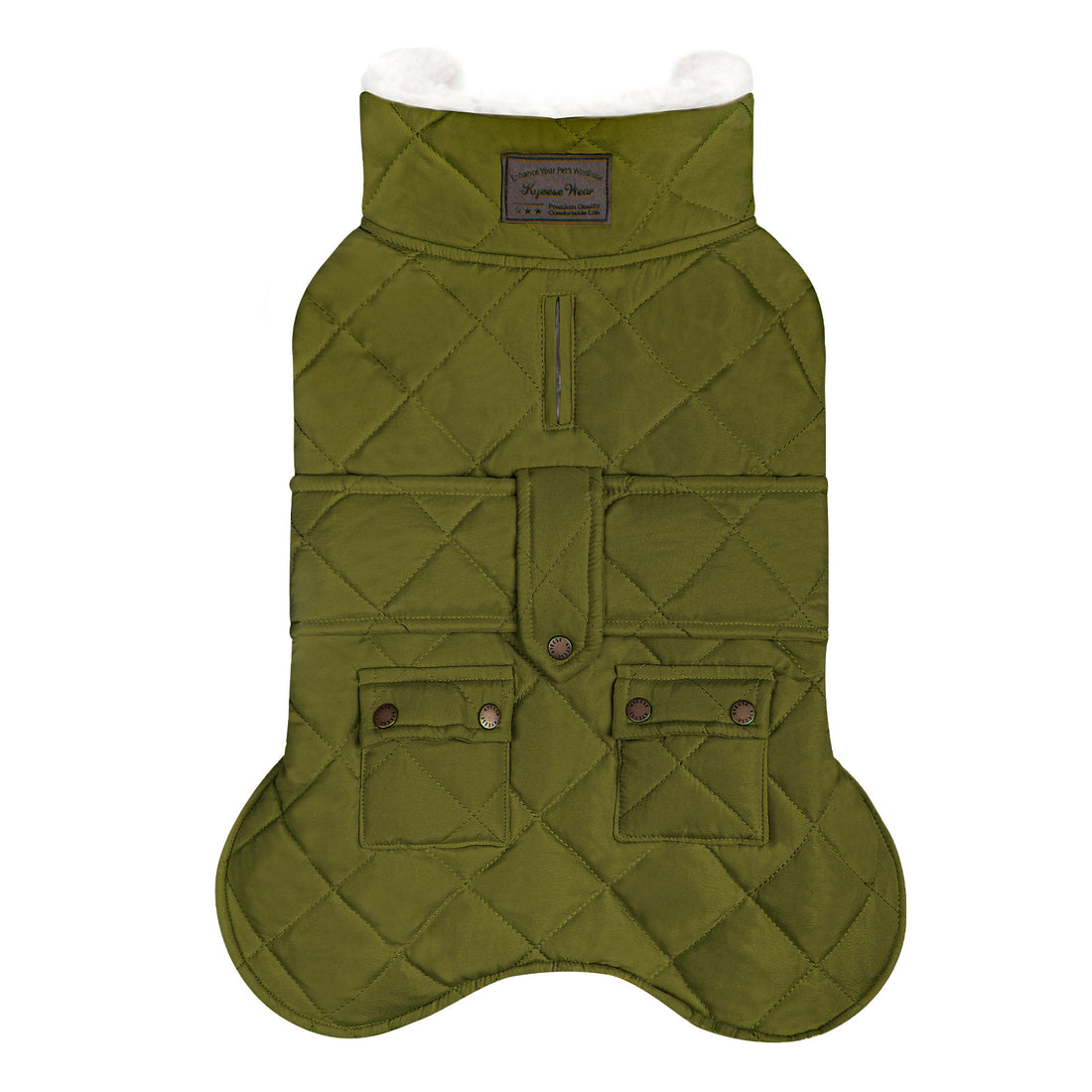 Olive green quilted dog coat with hood, front zipper, and two pockets