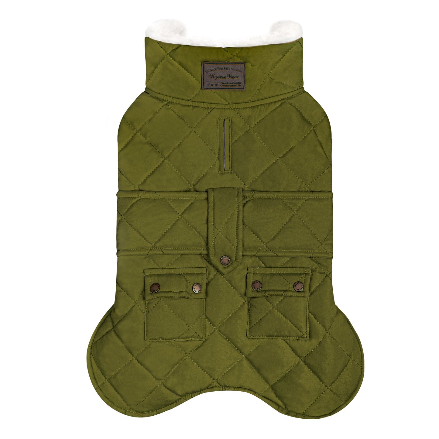 Olive green quilted dog coat with hood, front zipper, and two pockets