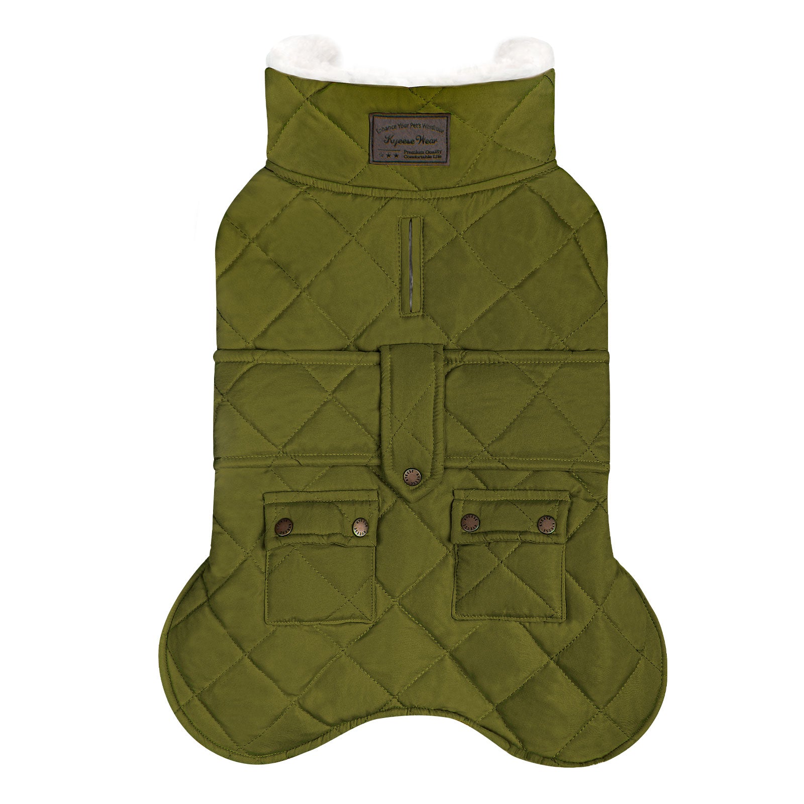 Olive green quilted dog coat with hood, front zipper, and two pockets