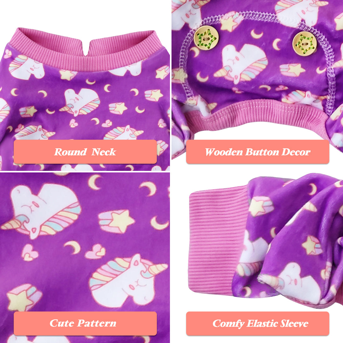 Dog onesie details: round neck, decorative buttons, unicorn pattern, elastic sleeves.