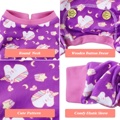 Dog onesie details: round neck, decorative buttons, unicorn pattern, elastic sleeves.