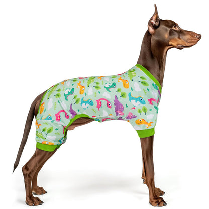 Dinosaur-print dog onesie pajamas in light aqua with green ribbed cuffs