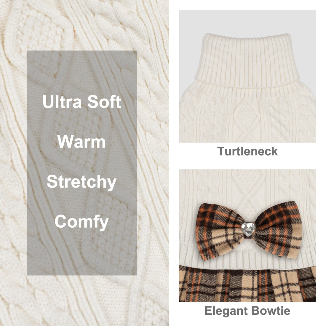Cream cable knit dog sweater with turtleneck and brown plaid bow at the chest