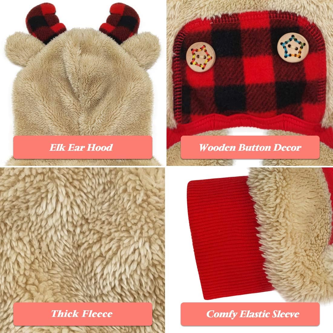 Tan fleece dog onesie details: elk-ear hood, plaid trim, thick fleece, elastic sleeve