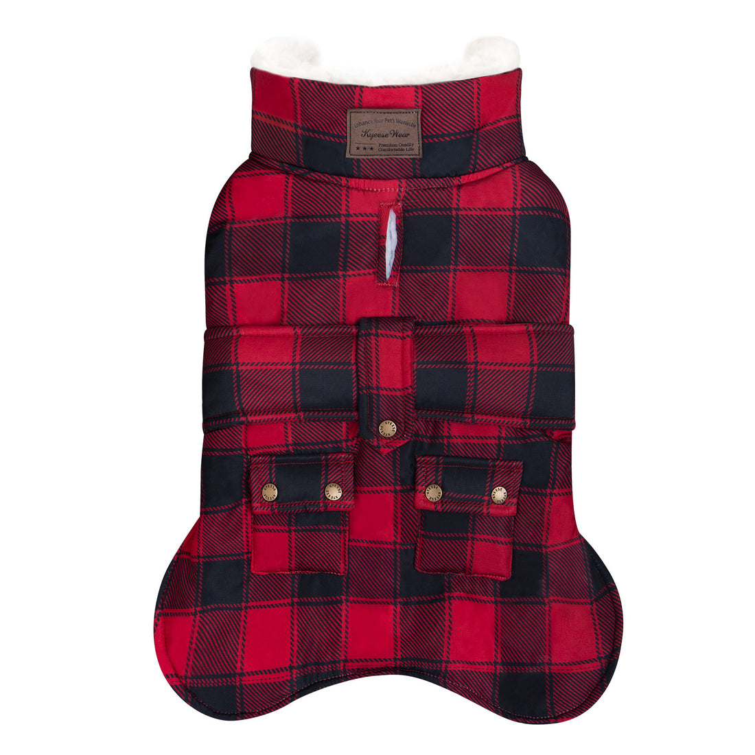 Plaid windproof dog coat with hood, snap pockets, and quilted padding, red/black