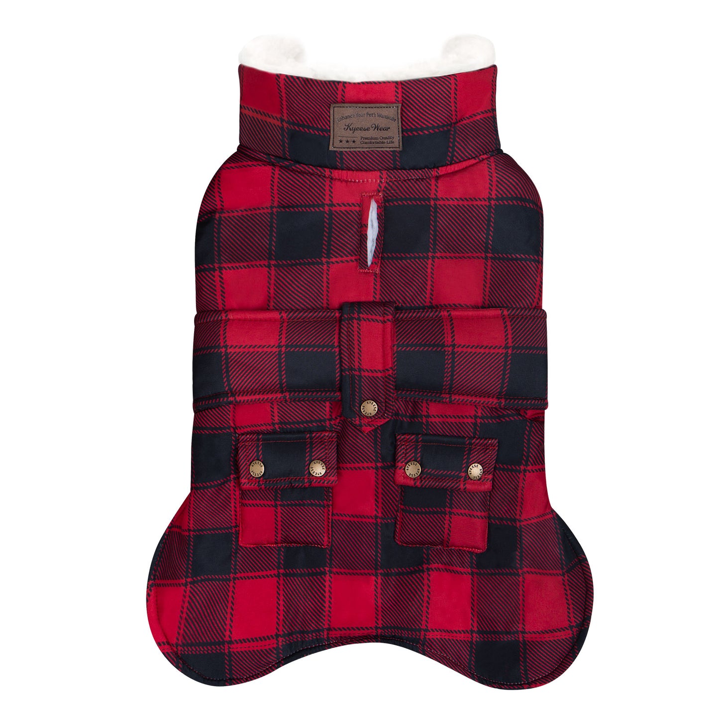 Plaid windproof dog coat with hood, snap pockets, and quilted padding, red/black