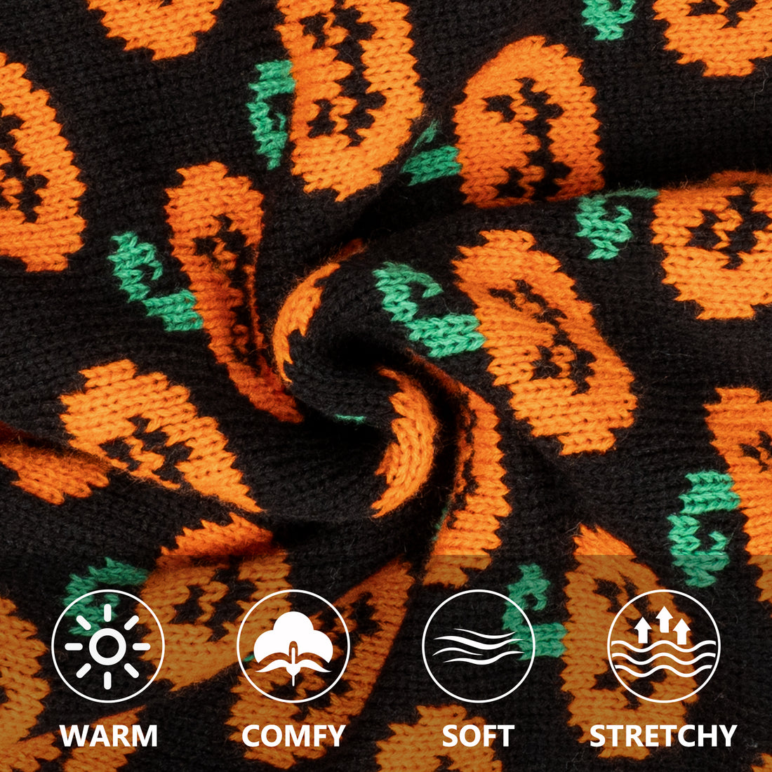 Black knit dog sweater with orange pumpkin motifs and green accents