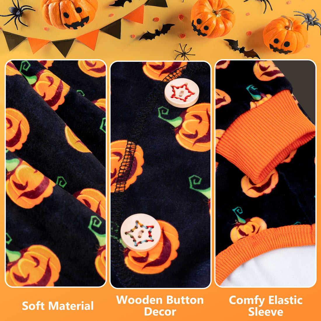 Dog pajama fabric close-up with orange pumpkin print, orange elastic cuffs, and buttons