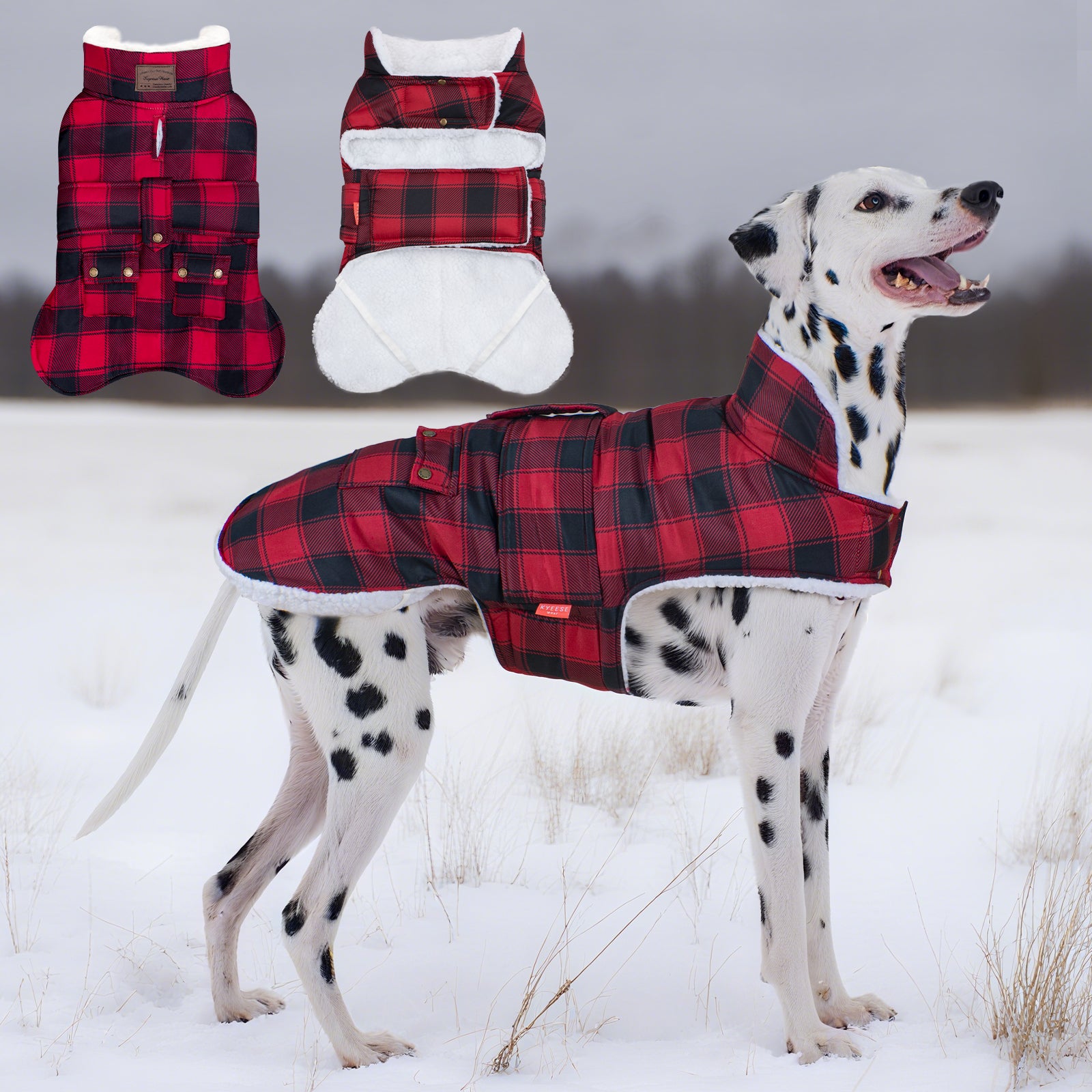 Red and black plaid quilted dog coat with pocket, hooded style, elastic leg straps