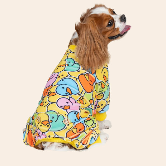 Colorful Duck dog onesie pajamas, centered product image