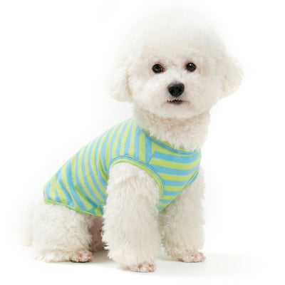 Lightweight sleeveless dog shirt in turquoise and light green stripes with bone patch