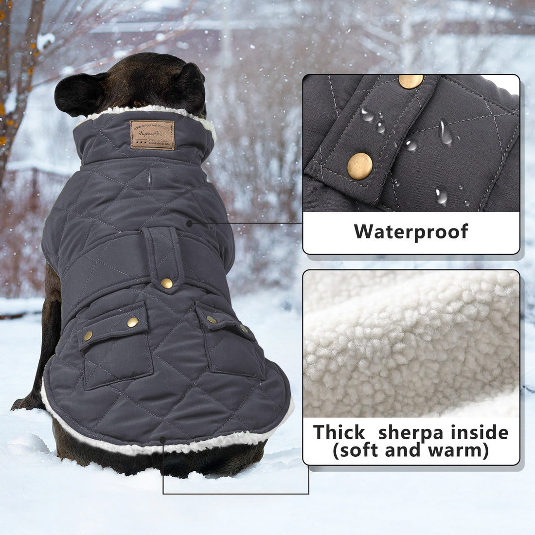 Black quilted dog coat with hood and front pocket, windproof waterproof winter lining