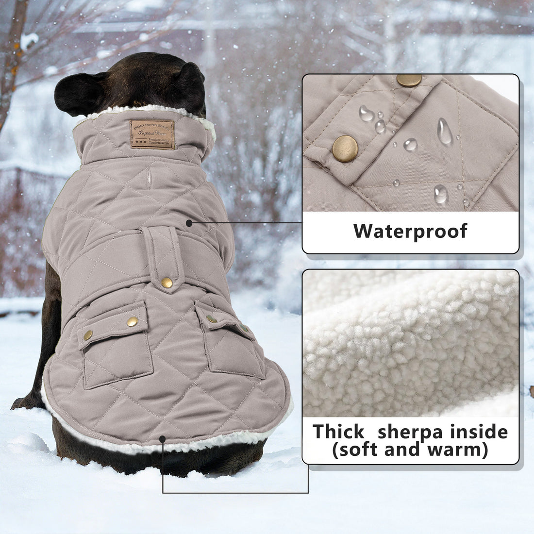 Light grey quilted dog coat with hood and sherpa-lined interior on black dog.