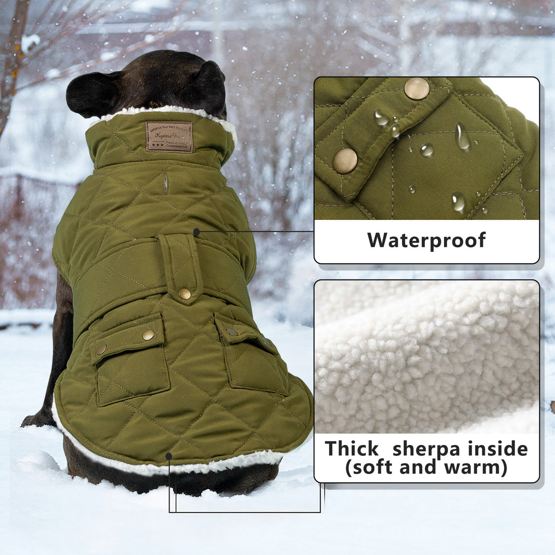 Olive green quilted dog winter coat with waterproof shell and sherpa lining