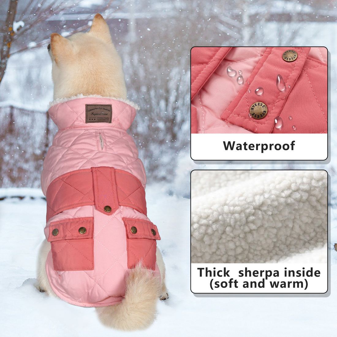 Pink quilted dog winter coat with waterproof shell and sherpa lining