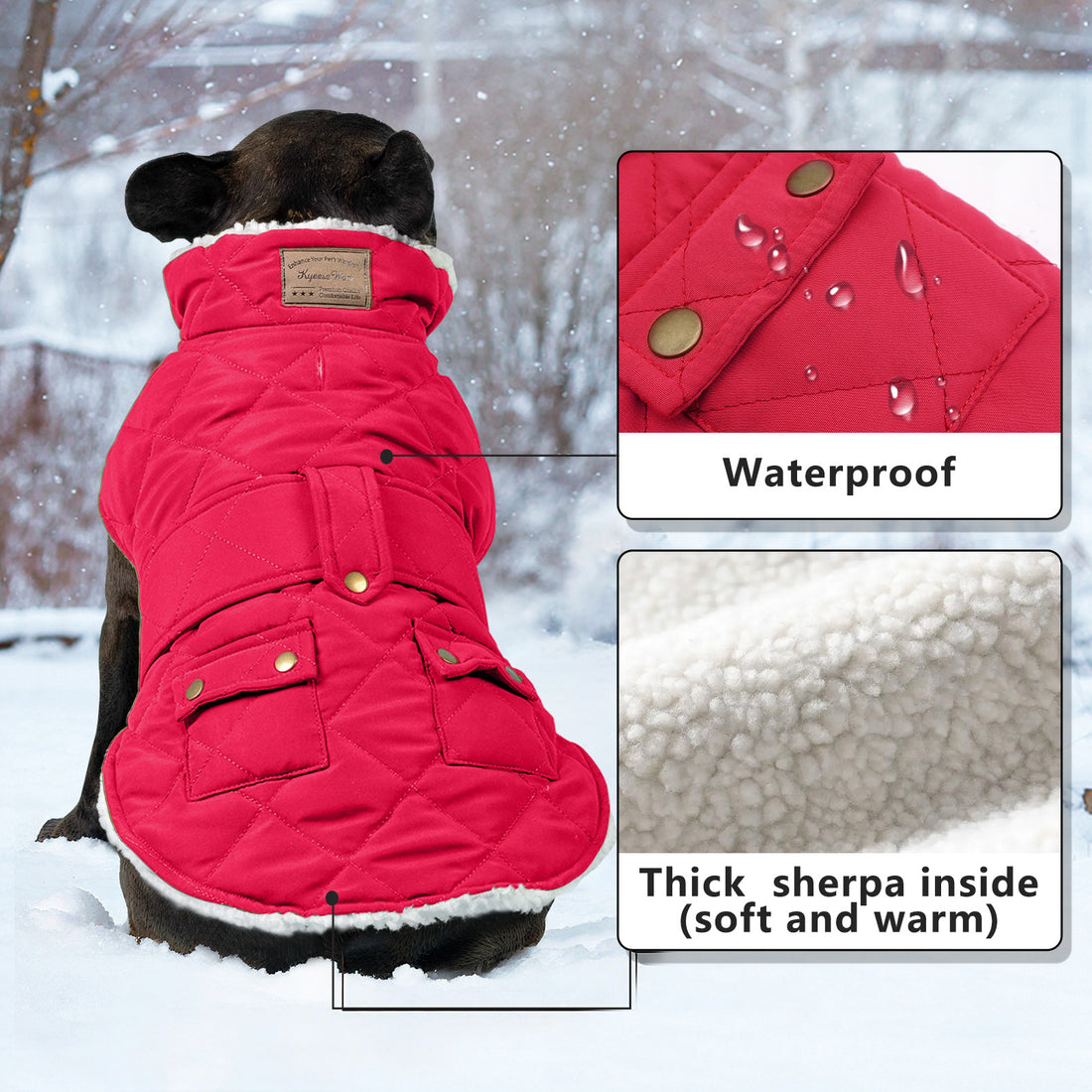 Red quilted dog coat with hood and front pocket, windproof waterproof design