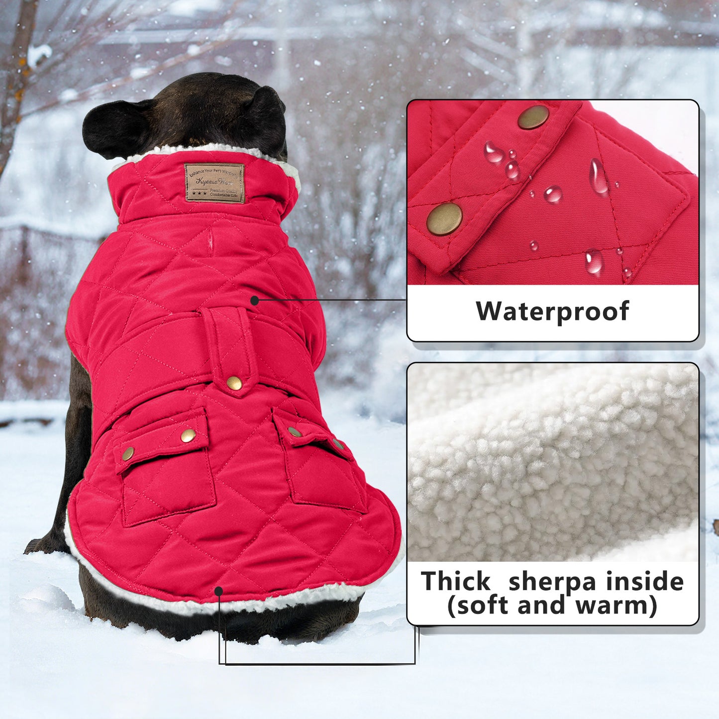 Red quilted dog coat with hood and front pocket, windproof waterproof design