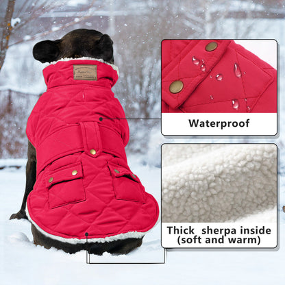 Red quilted dog coat with hood and front pocket, windproof waterproof design