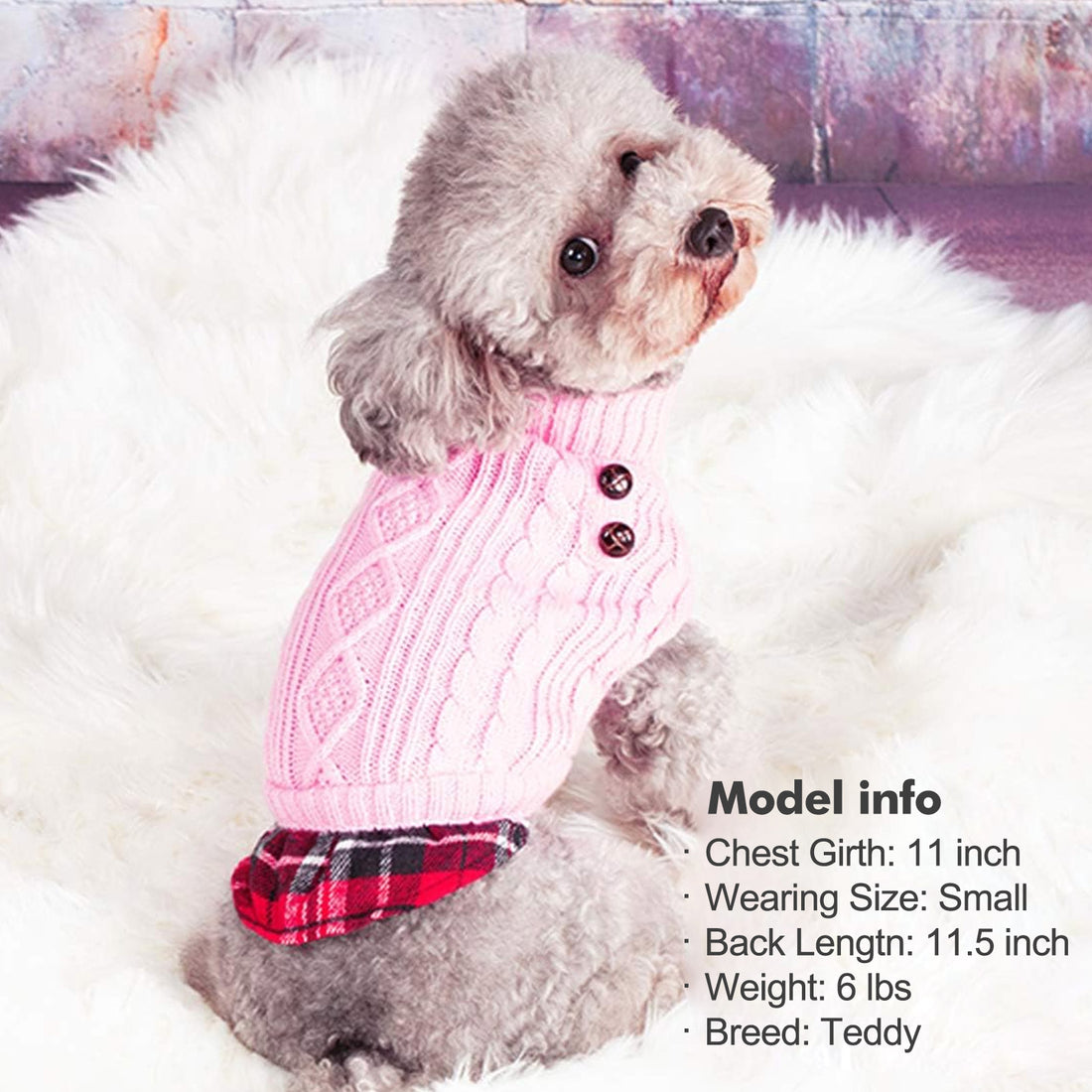 Pink turtleneck dog sweater with cable knit texture and two-button chest placket