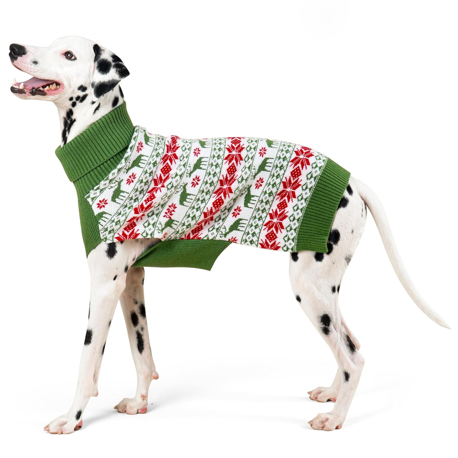 Dog sweater green with red/white fair isle jacquard and ribbed turtleneck