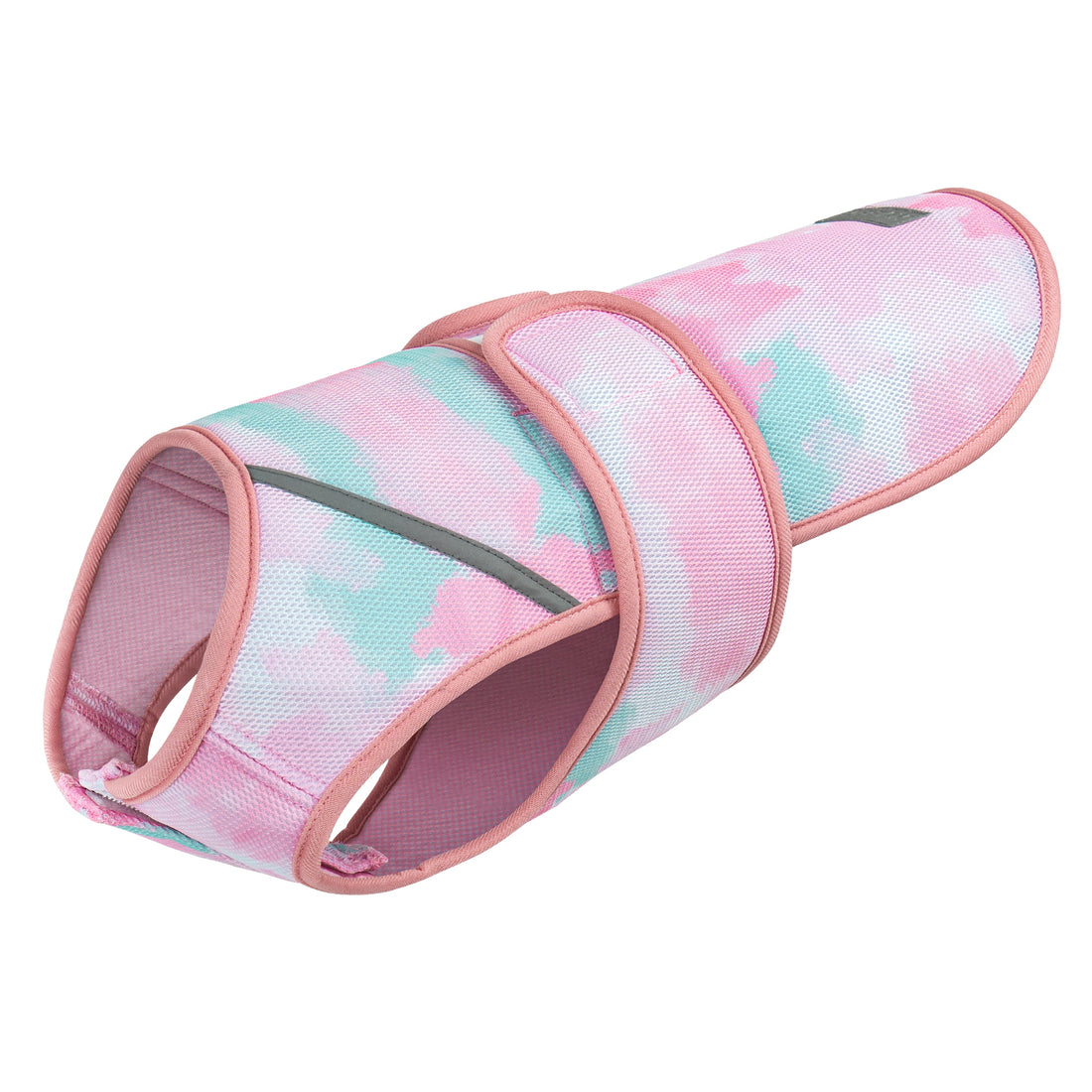 Lightweight mesh cooling dog vest tunnel design in pink with teal pattern and trim