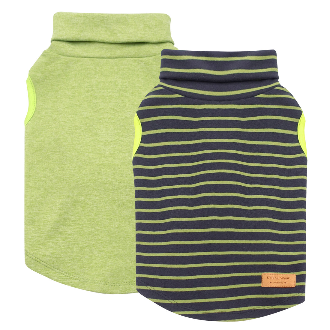 Lime green and navy striped sleeveless dog turtleneck sweaters, two-pack