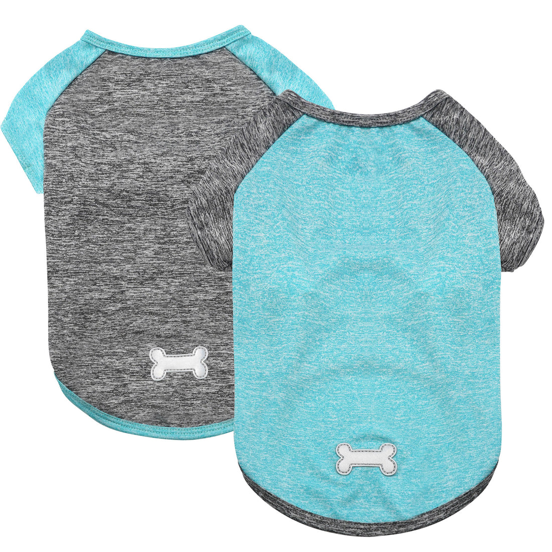 Two lightweight dog shirts with raglan sleeves, heather gray and light blue, bone logo.