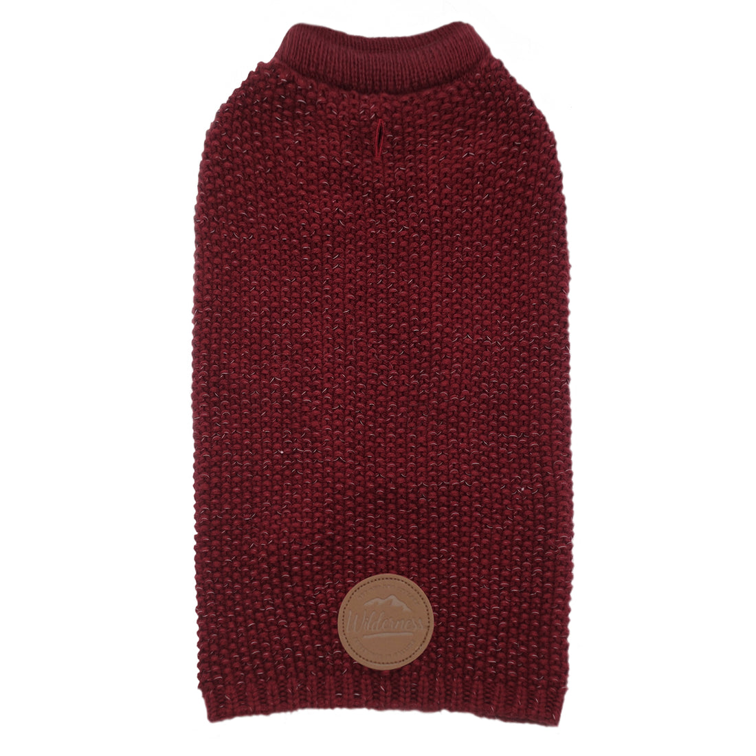 Wine red dog sweater with ribbed turtleneck and snug knit body, button patch at back