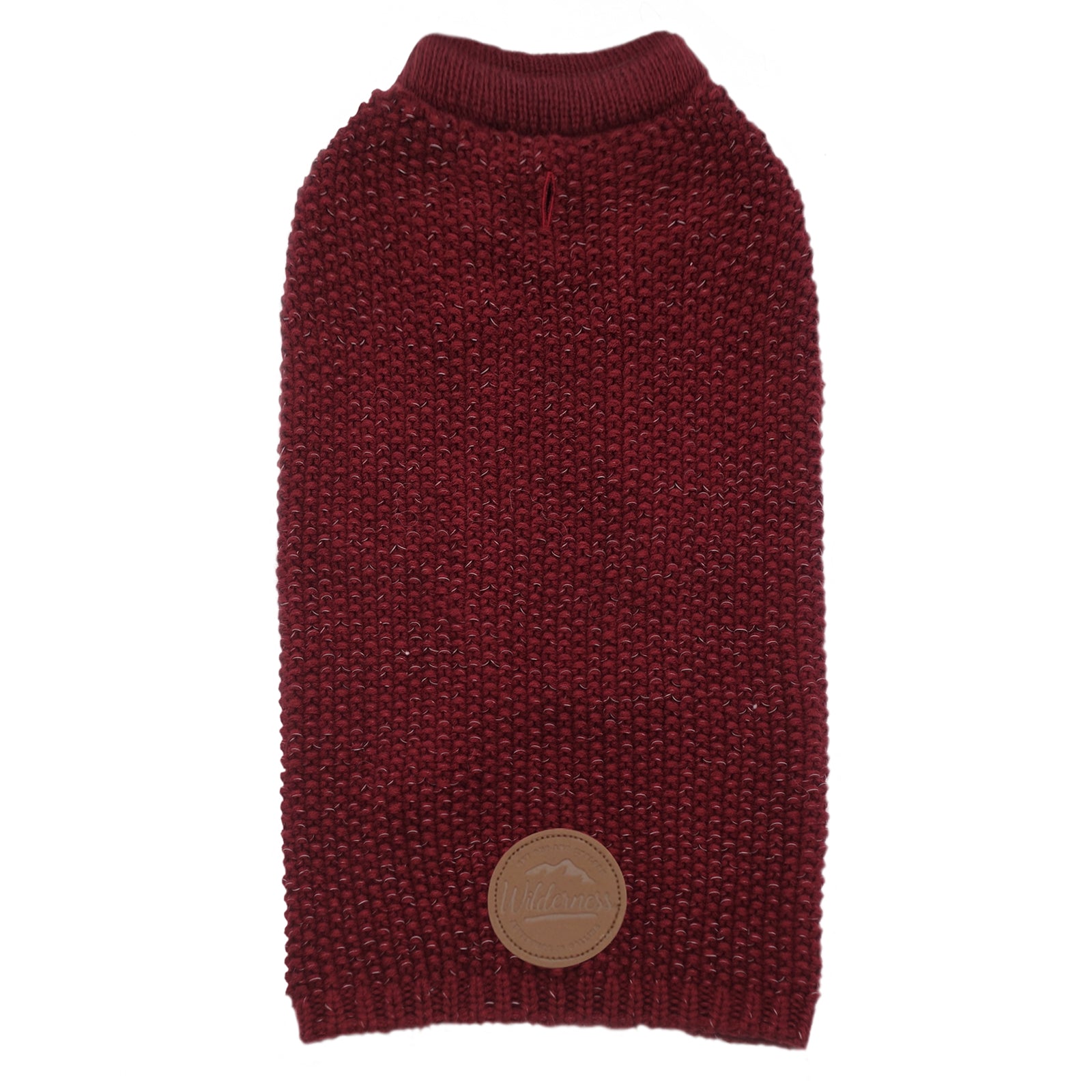 Wine red dog sweater with ribbed turtleneck and snug knit body, button patch at back