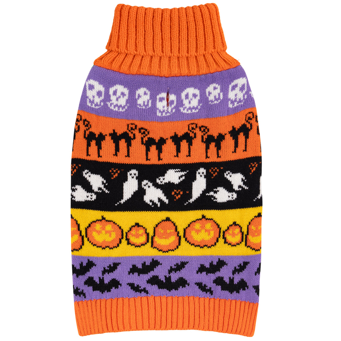 Orange turtleneck dog sweater with purple-and-black Halloween graphic stripes