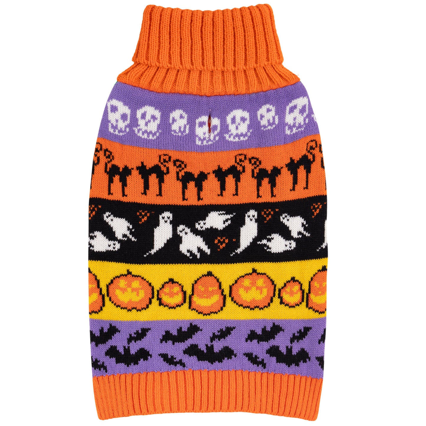 Orange turtleneck dog sweater with purple-and-black Halloween graphic stripes
