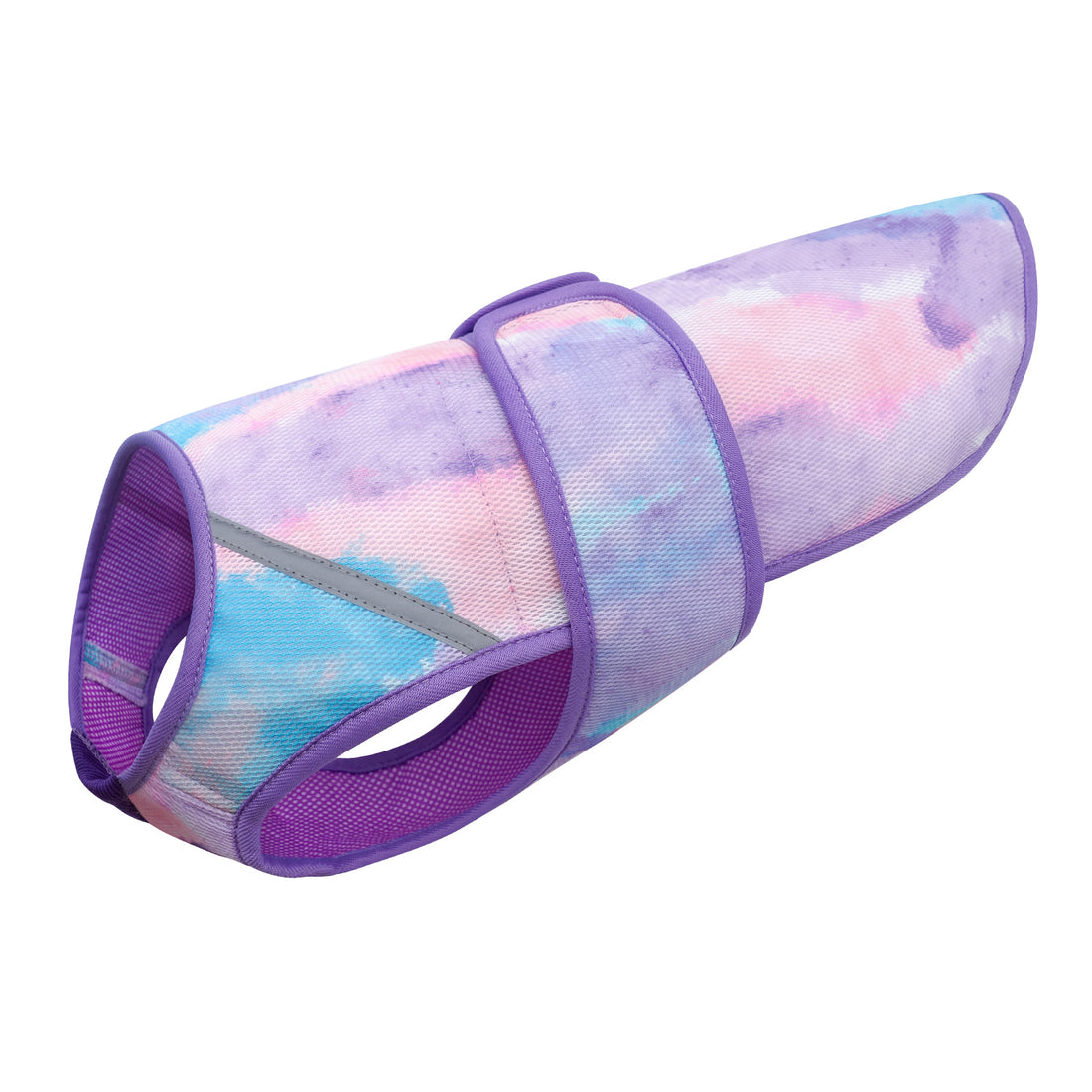 Purple and blue tie-dye lightweight mesh cooling dog vest, side view