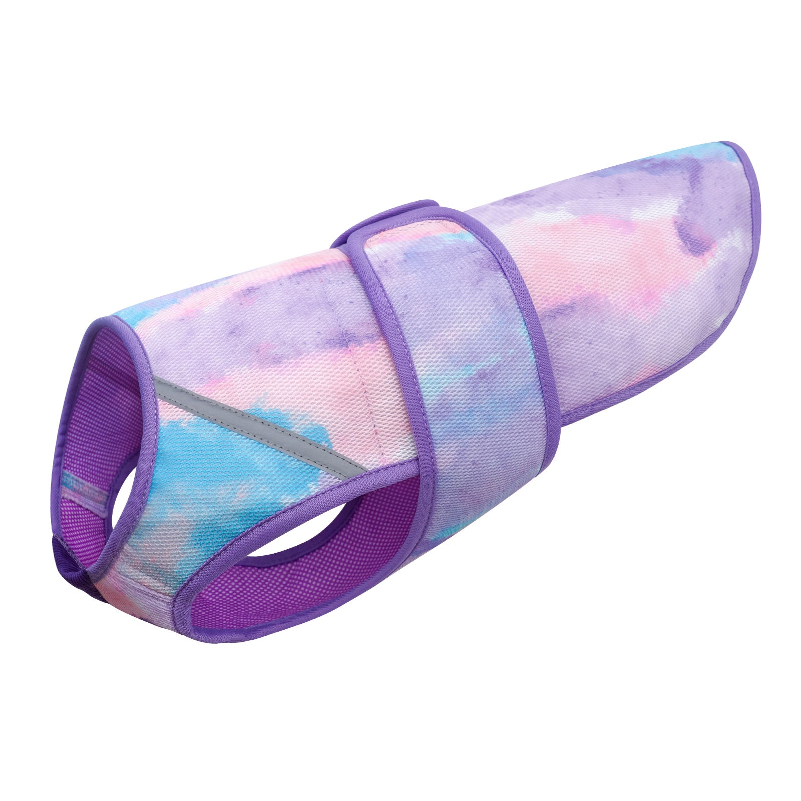 Purple and blue tie-dye lightweight mesh cooling dog vest, side view