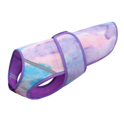 Purple and blue tie-dye lightweight mesh cooling dog vest, side view
