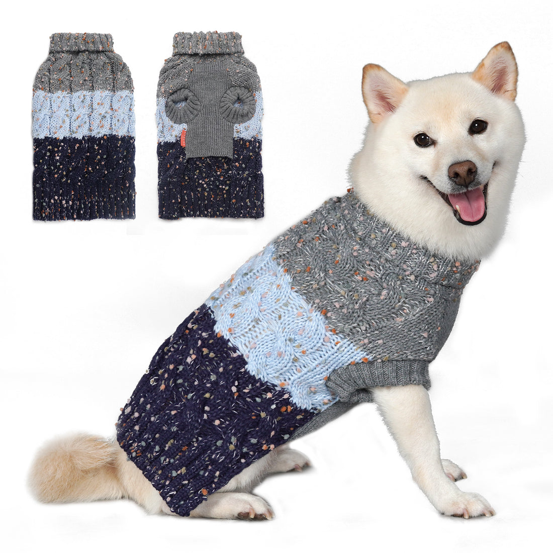 Fuzzy color-block knit dog sweater with turtleneck, gray and light blue sections