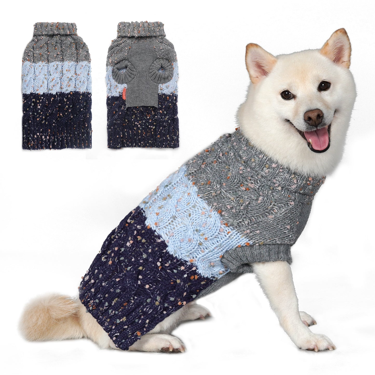 Fuzzy color-block knit dog sweater with turtleneck, gray and light blue sections