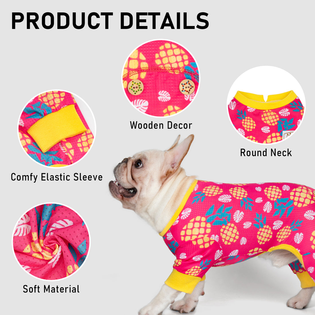 Red dog onesie pajamas with yellow round neck and colorful fruit print, elastic cuffs