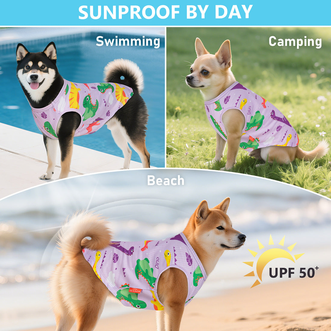 Purple tropical mesh dog shirt with colorful print and front arm openings