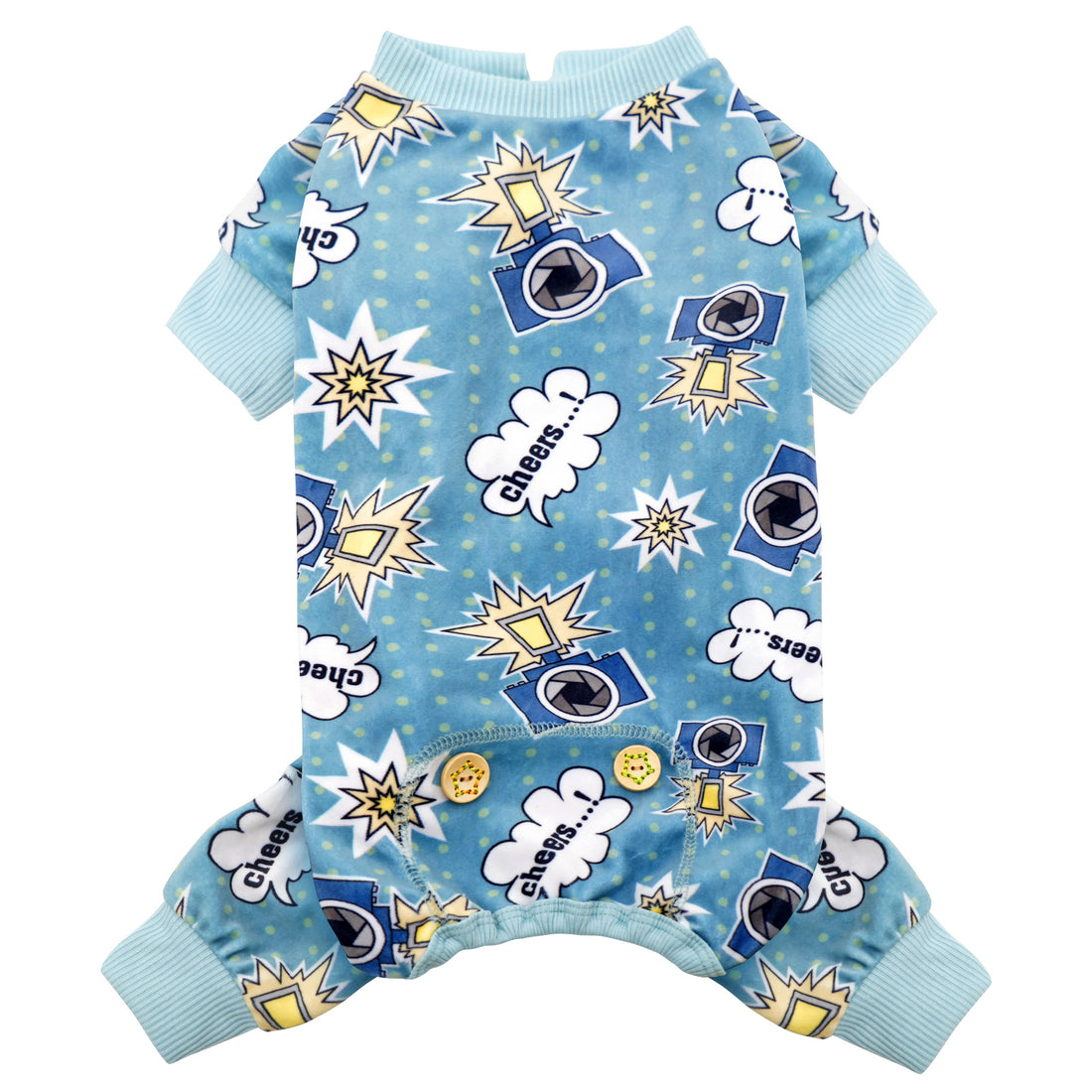 Blue fleece dog onesie pajama with duck, camera icons, and ribbed cuffs