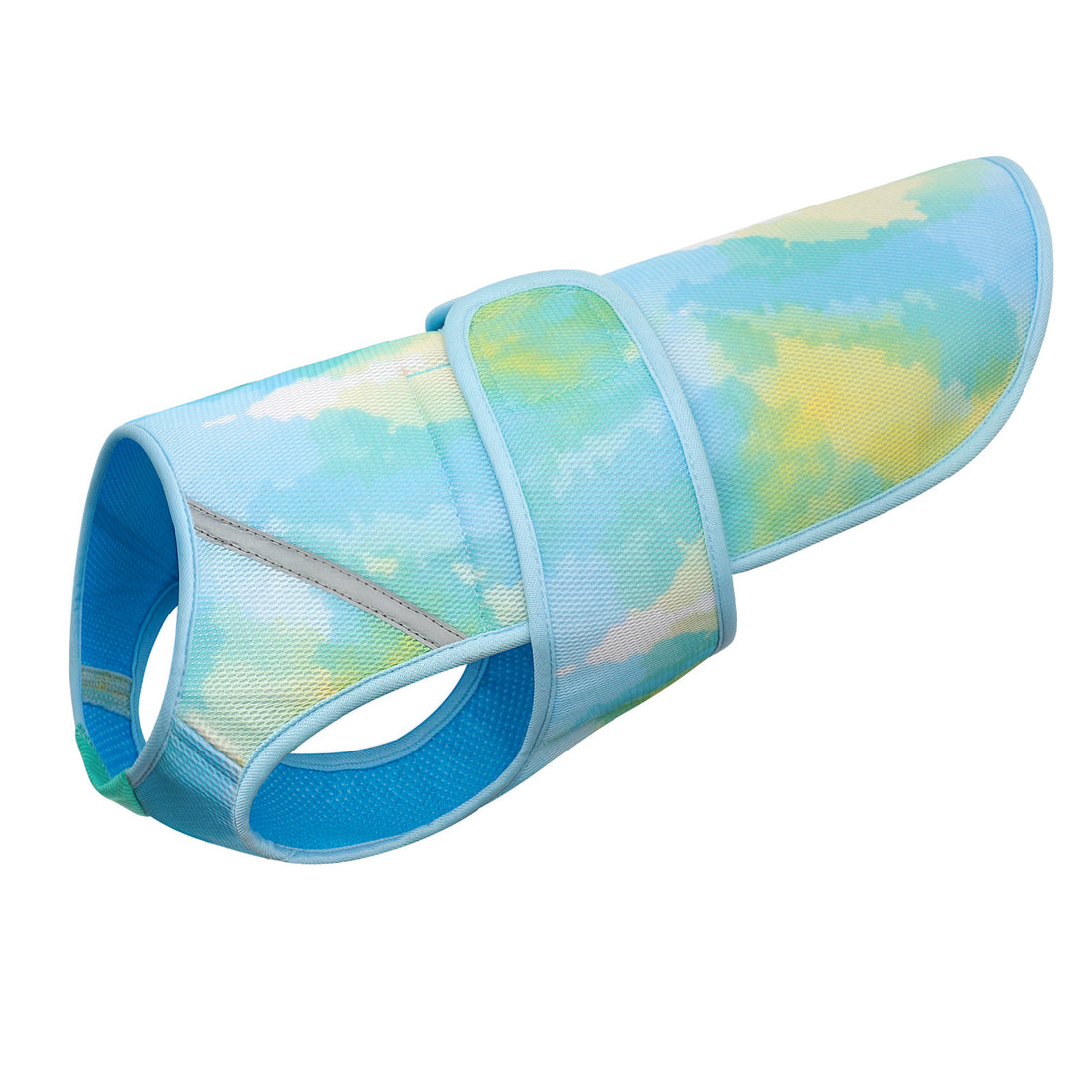 Blue and green tie-dye lightweight mesh cooling dog vest, side view
