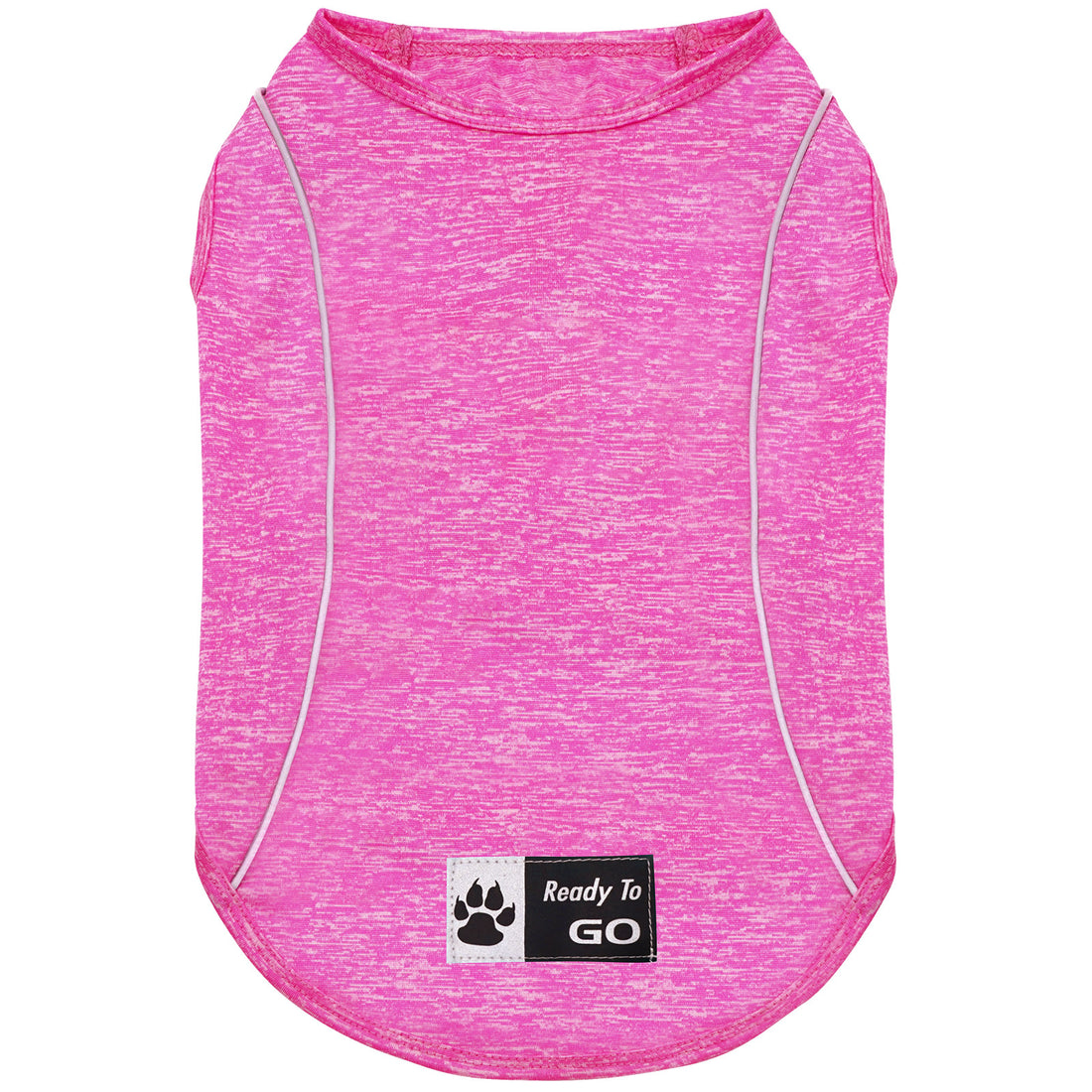 Pink heather sleeveless reflective dog shirt, back view with chest logo label