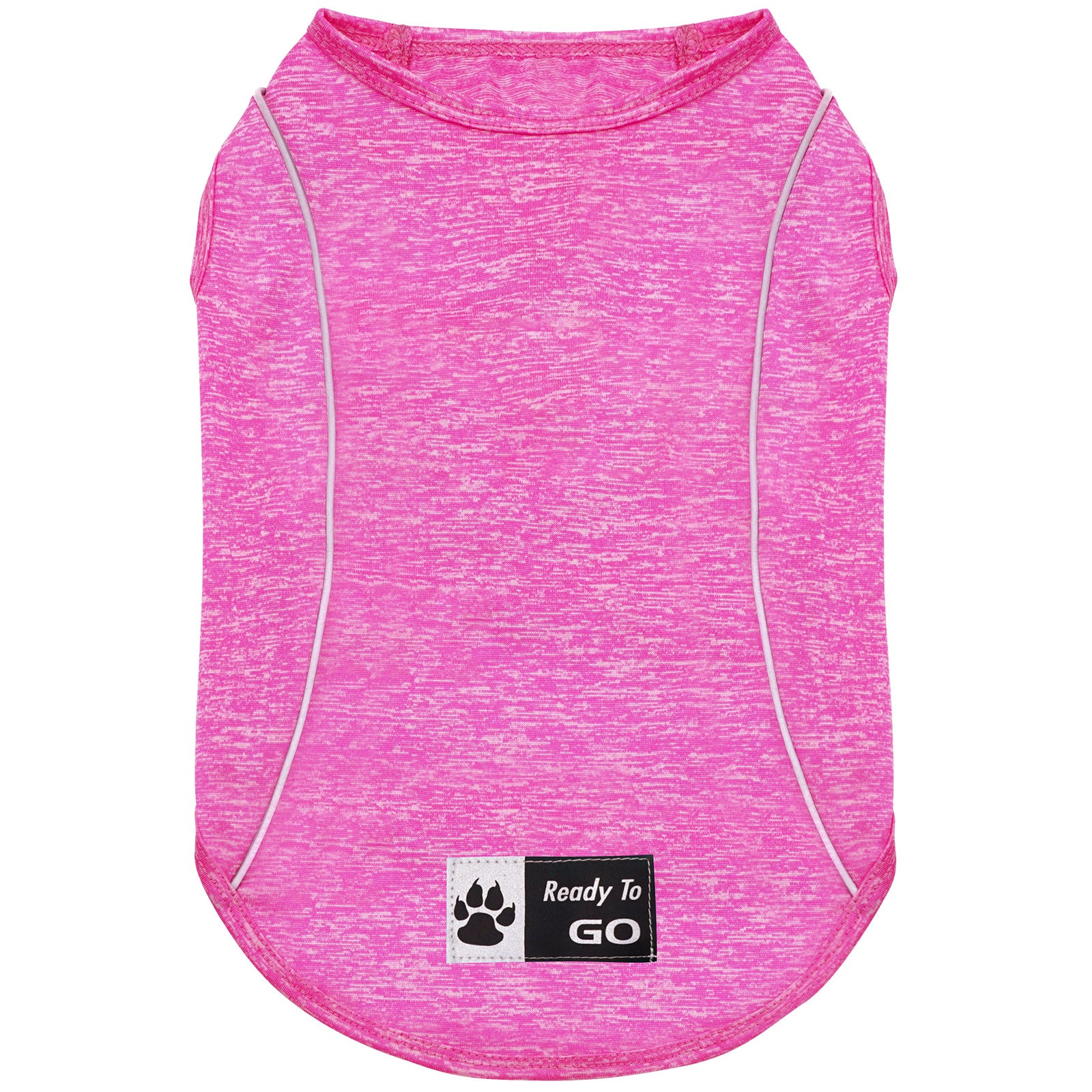 Pink heather sleeveless reflective dog shirt, back view with chest logo label